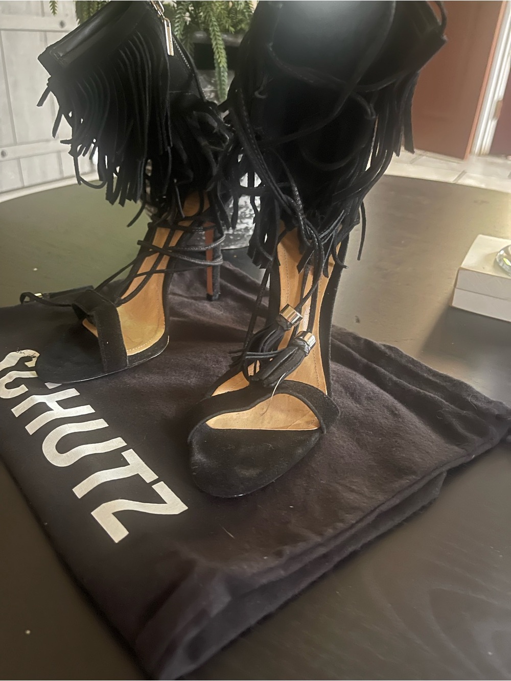 SCHUTZ Black Suede Fringe Lace-Up Stiletto Sandals - Picture 3 of 4